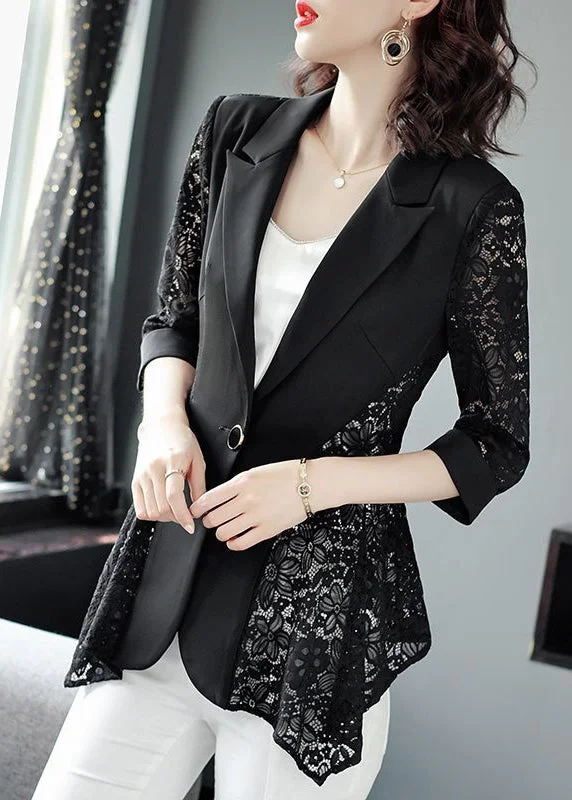 Long women's mac coats in a lightweight fabric for spring showersStylish Black Notched Collar Lace Patchwork Hollow Out Spandex Coats Summer