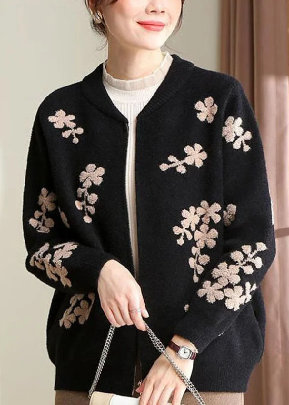 Women's knee - length wool blend coats with a fur collar for added warmthStylish Black O-Neck Embroideried Teddy Knitted Coat Long Sleeve Women's knee - length wool blend coats with a fur collar for added warmthStylish Black O-Neck Embroideried Teddy Knitted Coat Long Sleeve