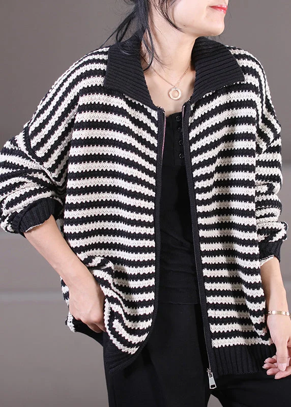 Women's cropped leather coats with silver studs for an edgy lookStylish Black Peter Pan Collar Zippered Striped Knit Sweaters Coats Long Sleeve Women's cropped leather coats with silver studs for an edgy lookStylish Black Peter Pan Collar Zippered Striped Knit Sweaters Coats Long Sleeve