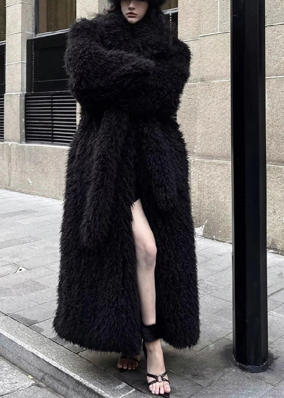 Women's reversible down coats with two - tone designs for versatile stylingStylish Black Tie Waist Patchwork Fuzzy Fur Fluffy Coat Winter