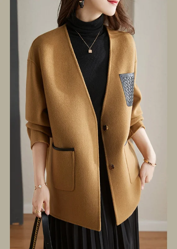 Women's pea coats with brass buttons for a nautical - inspired styleStylish Camel V Neck Patchwork Button Wool Blend Coats Fall Women's pea coats with brass buttons for a nautical - inspired styleStylish Camel V Neck Patchwork Button Wool Blend Coats Fall