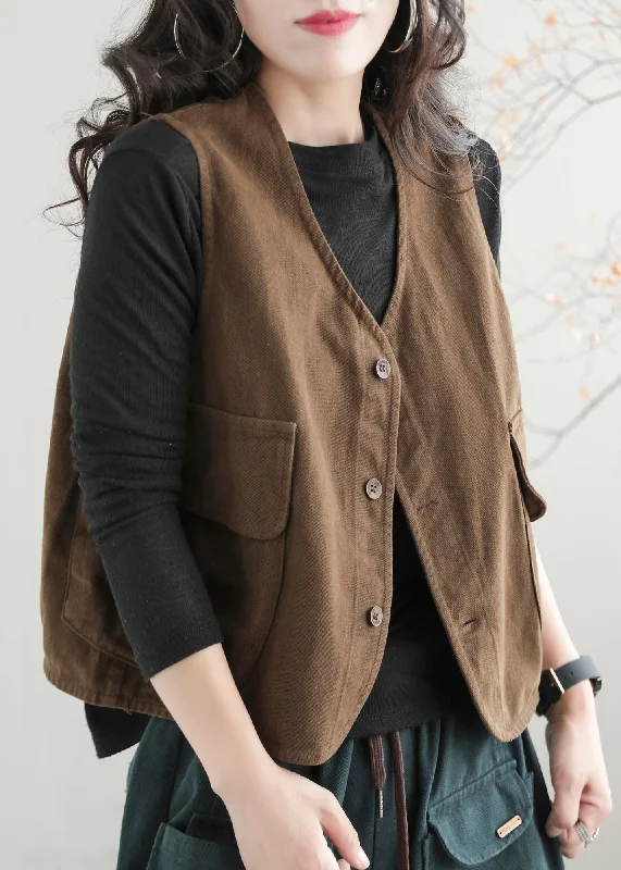Checkered women's wool coats in a classic pattern for a timeless styleStylish Coffee Colour V Neck Pockets Waistcoat Sleeveless Checkered women's wool coats in a classic pattern for a timeless styleStylish Coffee Colour V Neck Pockets Waistcoat Sleeveless
