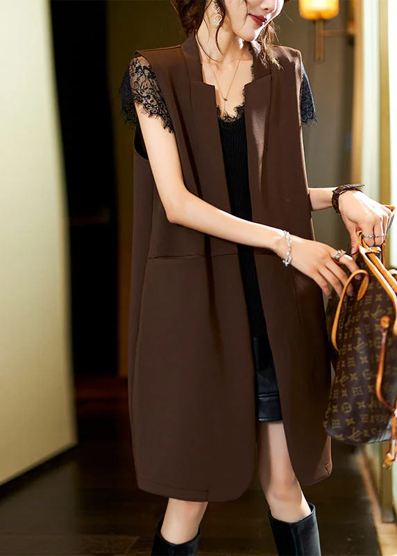 Embroidered women's cotton coats in a bohemian pattern for a unique designStylish Coffee V Neck Patchwork Long Waistcoat Sleeveless Embroidered women's cotton coats in a bohemian pattern for a unique designStylish Coffee V Neck Patchwork Long Waistcoat Sleeveless
