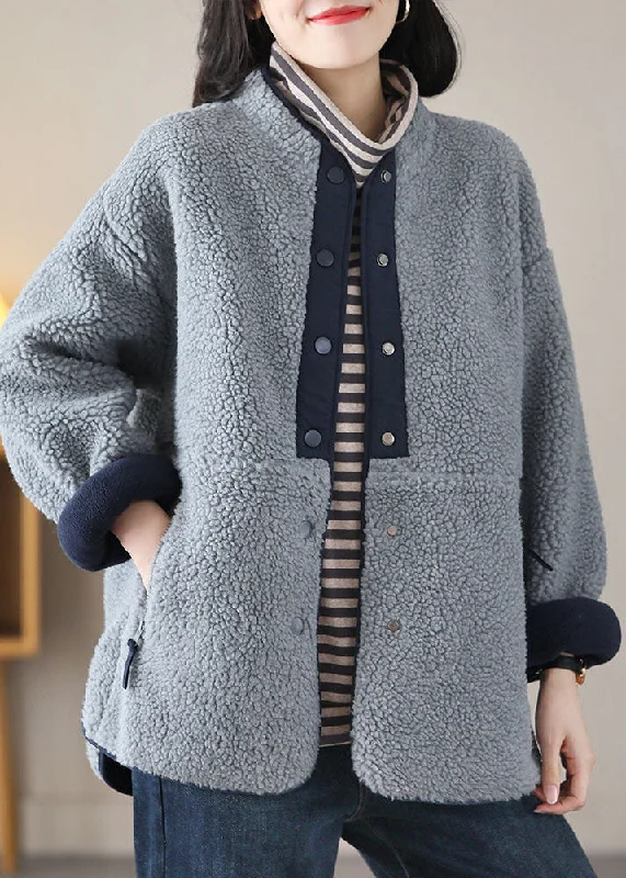 Women's cropped leather coats with silver studs for an edgy lookStylish Grey Blue Stand Collar Patchwork Teddy Faux Fur Jackets Spring Women's cropped leather coats with silver studs for an edgy lookStylish Grey Blue Stand Collar Patchwork Teddy Faux Fur Jackets Spring