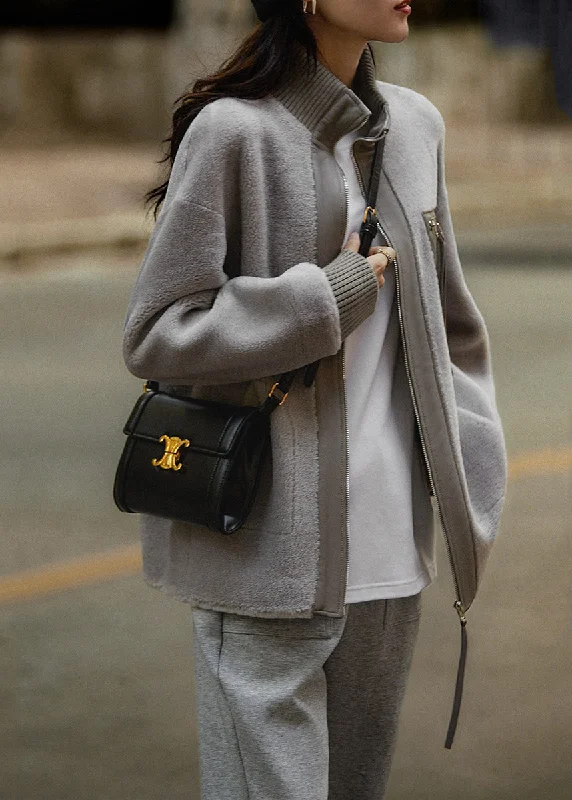 Hooded women's puffer coats in neon colors for high - visibility sportsStylish Grey Oversized PU Patchwork Wool Coat Fall Hooded women's puffer coats in neon colors for high - visibility sportsStylish Grey Oversized PU Patchwork Wool Coat Fall