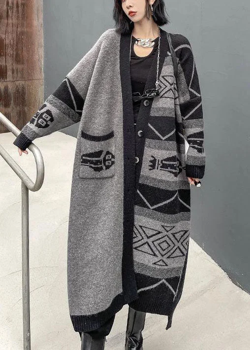 Mid - length women's down coats in a slim fit for a modern and sleek appearanceStylish Grey V Neck Asymmetrical Design Print Knit Lazy Long Coats Long Sleeve Mid - length women's down coats in a slim fit for a modern and sleek appearanceStylish Grey V Neck Asymmetrical Design Print Knit Lazy Long Coats Long Sleeve