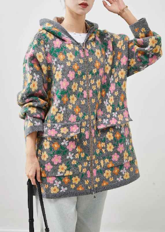 Quilted down women's coats with removable hoods for outdoor activitiesStylish Grey Zip Up Floral Print Knit Coat Spring Quilted down women's coats with removable hoods for outdoor activitiesStylish Grey Zip Up Floral Print Knit Coat Spring