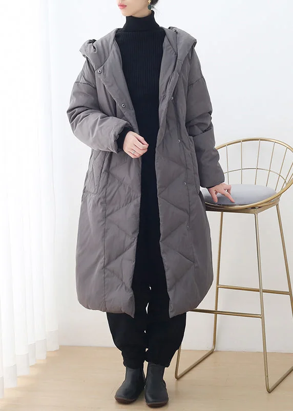 Mid - length women's down coats in a slim fit for a modern and sleek appearanceStylish Grey Zippered Button Duck Down Long Hooded Down Coats Winter Mid - length women's down coats in a slim fit for a modern and sleek appearanceStylish Grey Zippered Button Duck Down Long Hooded Down Coats Winter