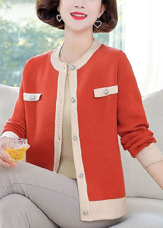 Long women's mac coats in a lightweight fabric for spring showersStylish Orange O-Neck Patchwork Pearl Button Knit Jackets Long Sleeve