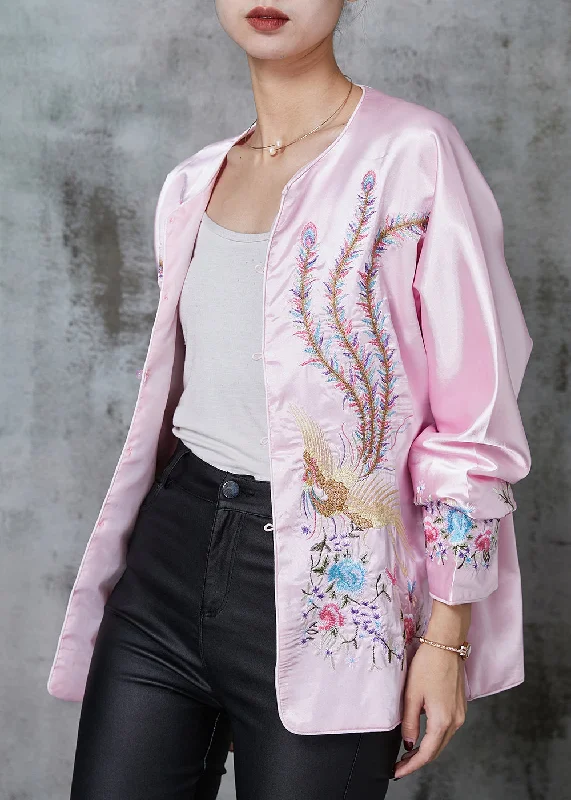 Women's longline double - breasted camel coats for a sophisticated lookStylish Pink Embroidered Pockets Silk Jacket Spring Women's longline double - breasted camel coats for a sophisticated lookStylish Pink Embroidered Pockets Silk Jacket Spring