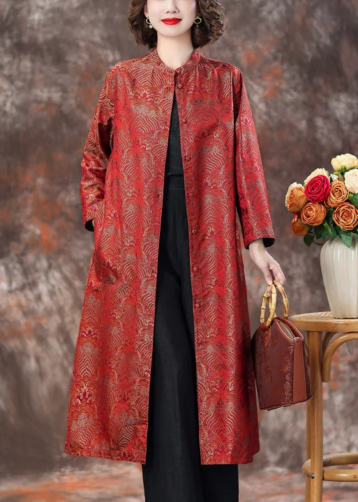 Checkered women's wool coats in a classic pattern for a timeless styleTop Quality Red Stand Collar Button Silk Coats Spring Checkered women's wool coats in a classic pattern for a timeless styleTop Quality Red Stand Collar Button Silk Coats Spring
