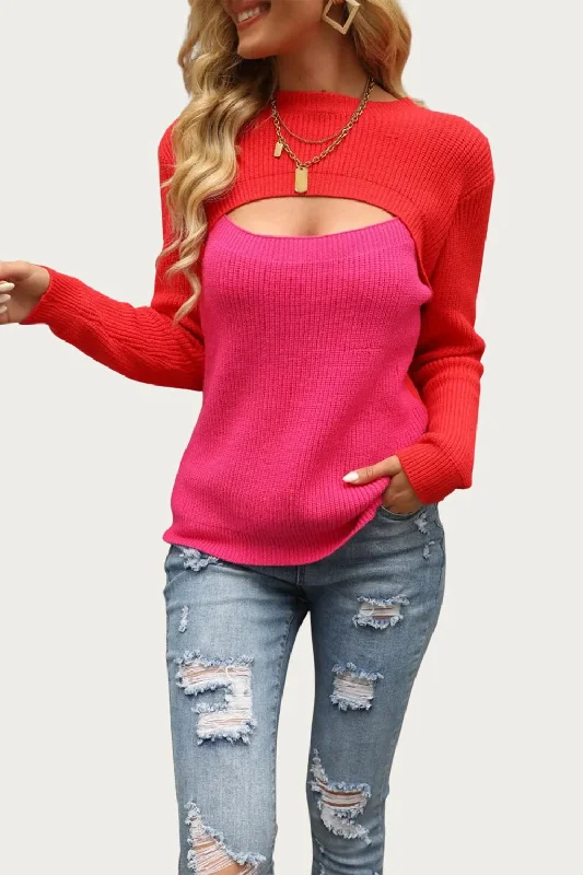 Sleeveless Women's Silk Blend Sweater Dresses for a Sophisticated LookTwo-Tone Colorblock Cutout Sweater In Red/hot Pink Sleeveless Women's Silk Blend Sweater Dresses for a Sophisticated LookTwo-Tone Colorblock Cutout Sweater In Red/hot Pink