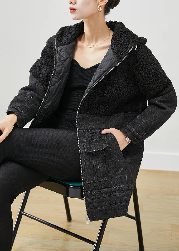 Women's long - sleeve wool coats in a houndstooth pattern for a classic charmUnique Black Hooded Patchwork Woolen Denim Fine Cotton Filled Jackets Winter Women's long - sleeve wool coats in a houndstooth pattern for a classic charmUnique Black Hooded Patchwork Woolen Denim Fine Cotton Filled Jackets Winter