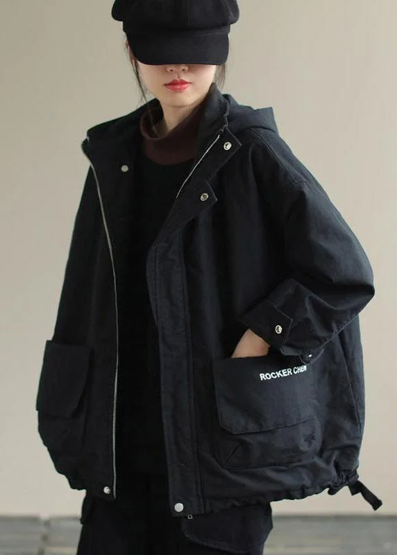 Long women's mac coats in a lightweight fabric for spring showersUnique Black Hooded Pockets Winter Cotton Coat Long sleeve