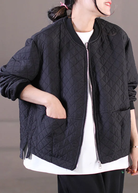 Checkered women's wool coats in a classic pattern for a timeless styleUnique Black O-Neck Zippered Pockets Plaid Cotton Coat Long Sleeve Checkered women's wool coats in a classic pattern for a timeless styleUnique Black O-Neck Zippered Pockets Plaid Cotton Coat Long Sleeve