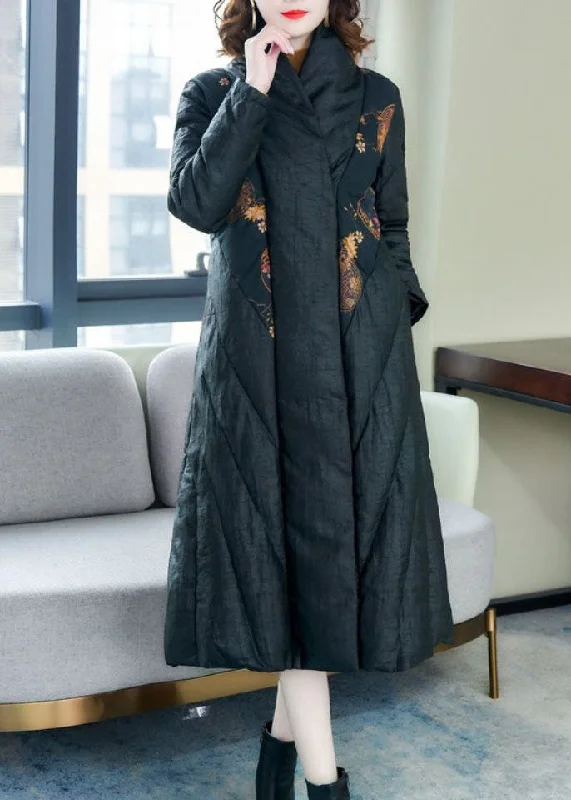 Mid - length women's down coats in a slim fit for a modern and sleek appearanceUnique Black Side Open Print Thick Fine Cotton Filled Coat Winter Mid - length women's down coats in a slim fit for a modern and sleek appearanceUnique Black Side Open Print Thick Fine Cotton Filled Coat Winter