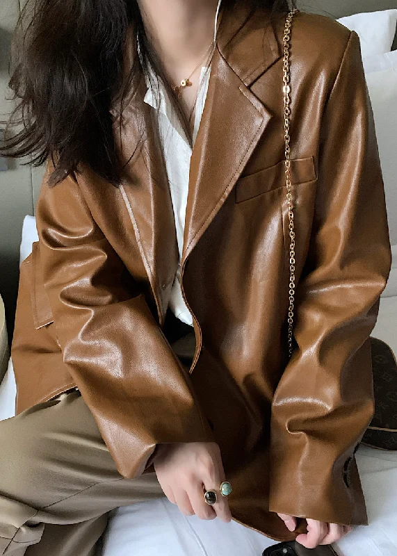 Women's pea coats with brass buttons for a nautical - inspired styleUnique Brown Peter Pan Collar Pockets Patchwork Faux Leather Coats Fall Women's pea coats with brass buttons for a nautical - inspired styleUnique Brown Peter Pan Collar Pockets Patchwork Faux Leather Coats Fall