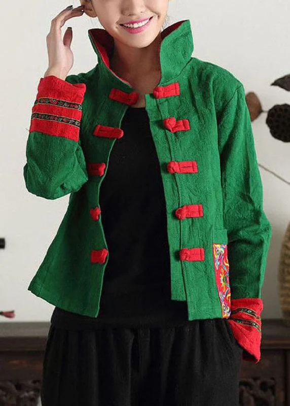 Women's long - sleeve wool coats in a houndstooth pattern for a classic charmUnique Green Stand Collar Embroideried Patchwork Cotton Chinese Style Coats Spring Women's long - sleeve wool coats in a houndstooth pattern for a classic charmUnique Green Stand Collar Embroideried Patchwork Cotton Chinese Style Coats Spring