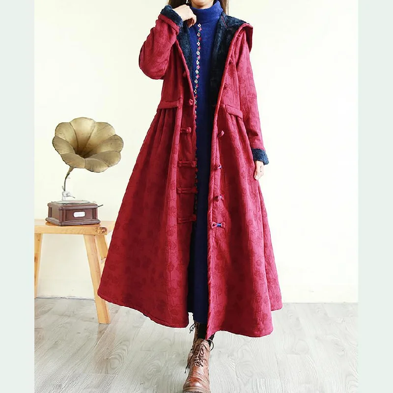 Quilted down women's coats with removable hoods for outdoor activitiesUnique hooded Fine embroidery Long coats burgundy silhouette outwear Quilted down women's coats with removable hoods for outdoor activitiesUnique hooded Fine embroidery Long coats burgundy silhouette outwear