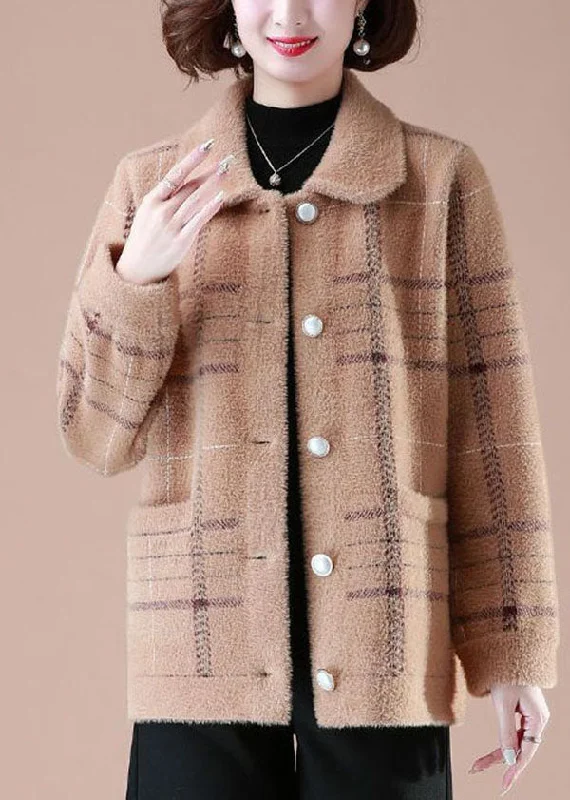 Plus size women's wool blend coats for a warm and stylish winterUnique Khaki Peter Pan Collar Plaid Pockets Mink Hair Knitted Coats Winter Plus size women's wool blend coats for a warm and stylish winterUnique Khaki Peter Pan Collar Plaid Pockets Mink Hair Knitted Coats Winter