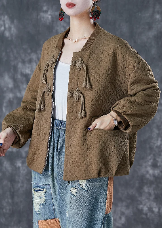 Mid - length women's down coats in a slim fit for a modern and sleek appearanceUnique Khaki Tasseled Jacquard Cotton Jacket Fall Mid - length women's down coats in a slim fit for a modern and sleek appearanceUnique Khaki Tasseled Jacquard Cotton Jacket Fall