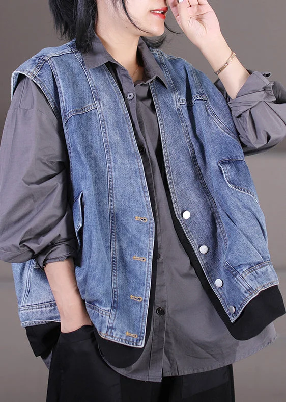Women's cropped leather coats with silver studs for an edgy lookUnique Light Blue V Neck Patchwork Pockets Fake Two Pieces Denim Waistcoat Sleeveless Women's cropped leather coats with silver studs for an edgy lookUnique Light Blue V Neck Patchwork Pockets Fake Two Pieces Denim Waistcoat Sleeveless