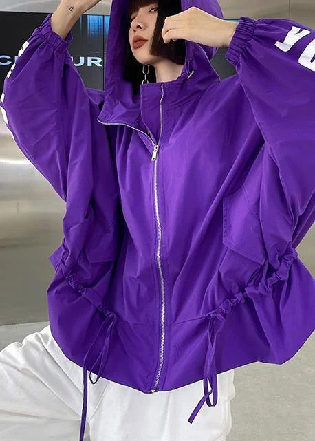 Women's reversible down coats with two - tone designs for versatile stylingUnique Purple Cotton Letter zippered Hooded Coat Spring