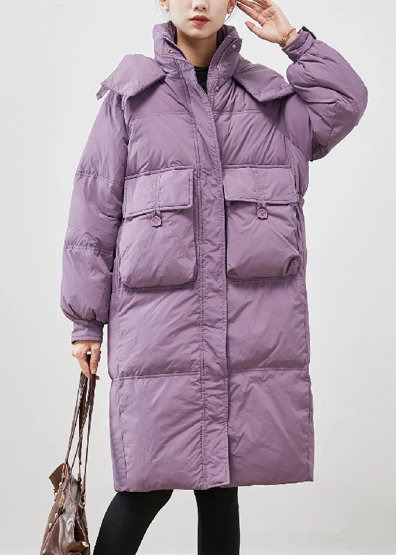 Long women's mac coats in a lightweight fabric for spring showersUnique Purple Hooded Pockets Duck Down Puffers Jackets Winter