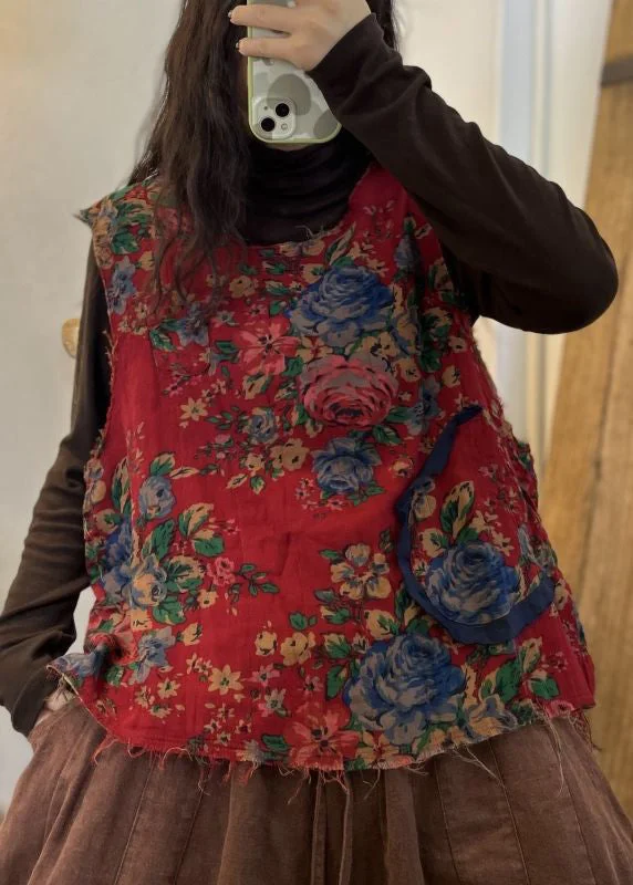 Women's faux fur coats in bright colors for a bold fashion statementUnique Red O Neck Print Patchwork Cotton Waistcoat Sleeveless Women's faux fur coats in bright colors for a bold fashion statementUnique Red O Neck Print Patchwork Cotton Waistcoat Sleeveless