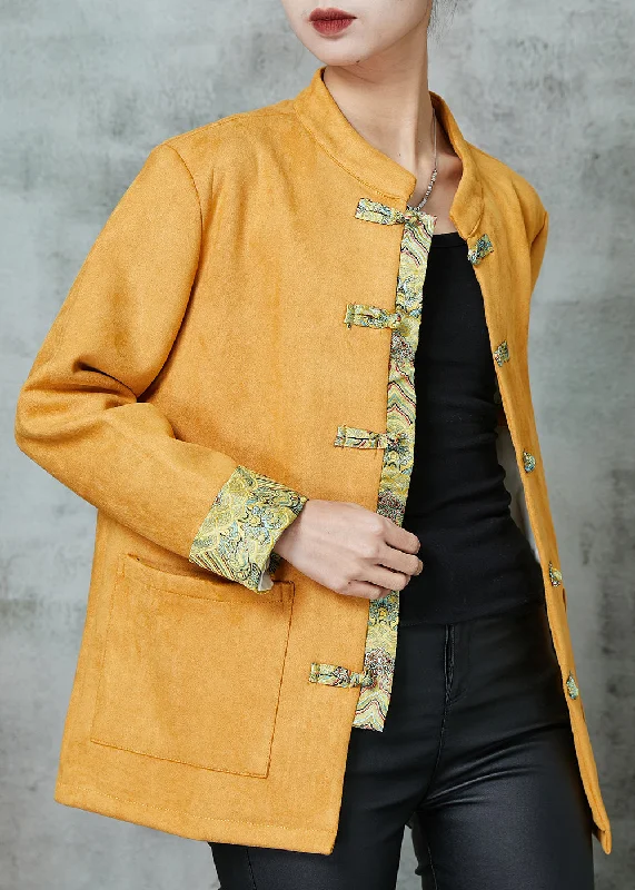 Hooded women's puffer coats in neon colors for high - visibility sportsUnique Yellow Pockets Faux Suede Chinese Style Jackets Spring Hooded women's puffer coats in neon colors for high - visibility sportsUnique Yellow Pockets Faux Suede Chinese Style Jackets Spring