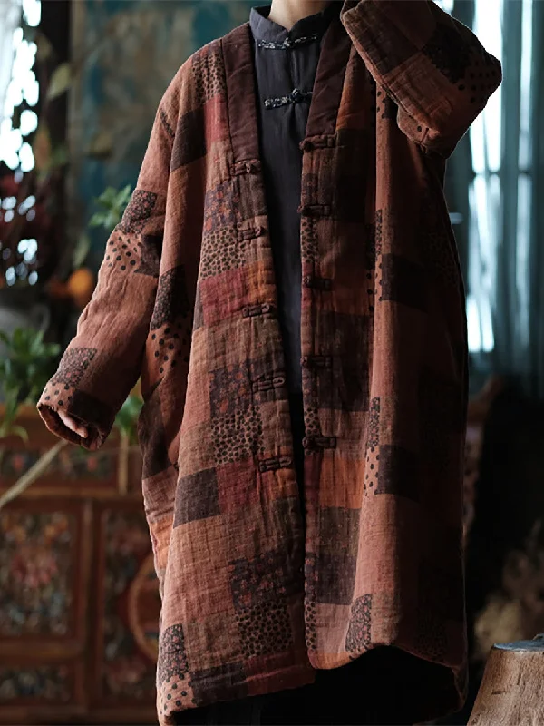 Embroidered women's cotton coats in a bohemian pattern for a unique designV-neck Plaid Spliced Cotton Coat Winter Embroidered women's cotton coats in a bohemian pattern for a unique designV-neck Plaid Spliced Cotton Coat Winter