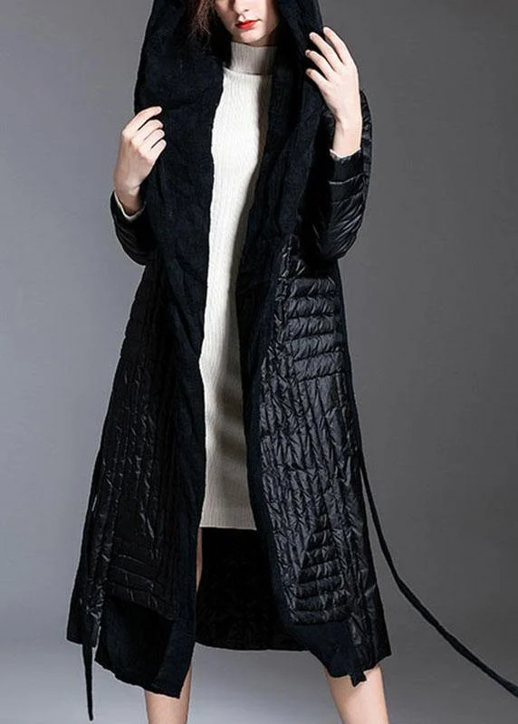 Quilted down women's coats with removable hoods for outdoor activitiesVintage Black Patchwork tie waist Winter Down Coat Quilted down women's coats with removable hoods for outdoor activitiesVintage Black Patchwork tie waist Winter Down Coat