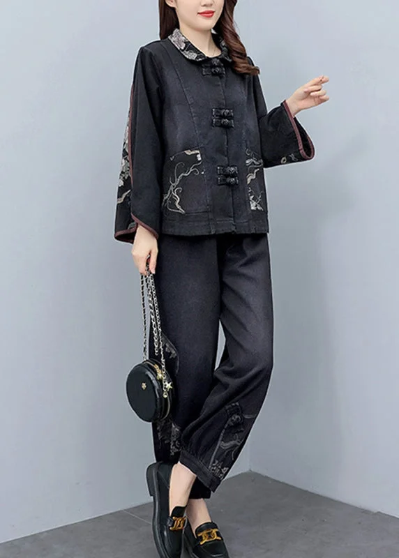 Shearling - lined women's leather coats for ultimate warmth and luxuryVintage Black Peter Pan Collar Print Denim Coats And Pants Two Pieces Set Fall Shearling - lined women's leather coats for ultimate warmth and luxuryVintage Black Peter Pan Collar Print Denim Coats And Pants Two Pieces Set Fall