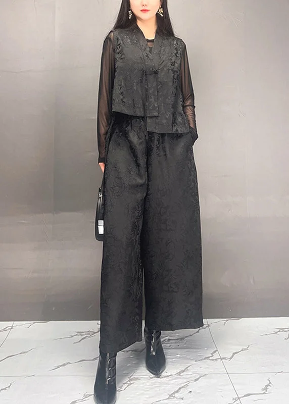 Women's longline double - breasted camel coats for a sophisticated lookVintage Black Print Asymmetrical Silk Cotton Waistcoat And Wide Leg Pants Two Piece Set Fall Women's longline double - breasted camel coats for a sophisticated lookVintage Black Print Asymmetrical Silk Cotton Waistcoat And Wide Leg Pants Two Piece Set Fall