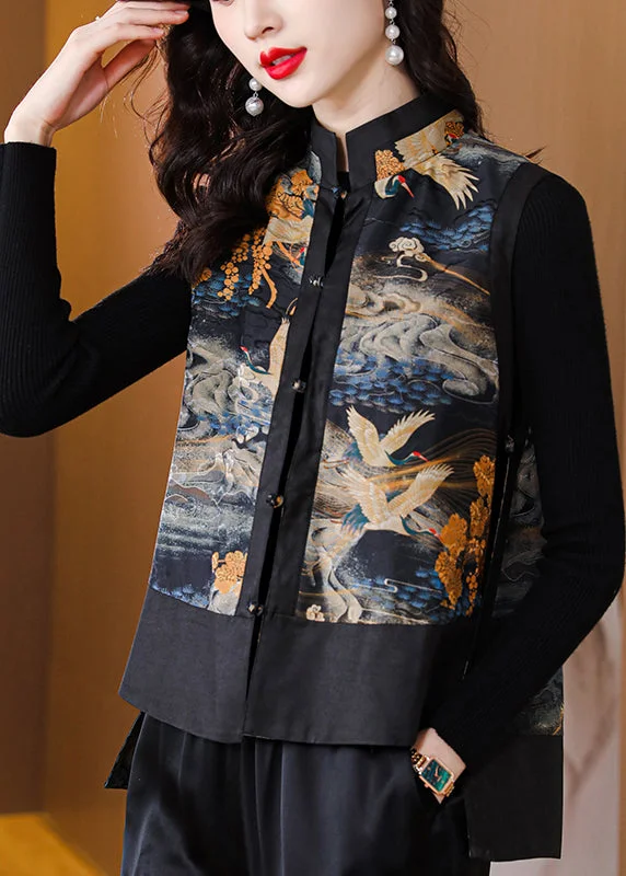 Hooded women's puffer coats in neon colors for high - visibility sportsVintage Black Stand Collar Print Button Velour Waistcoat Spring Hooded women's puffer coats in neon colors for high - visibility sportsVintage Black Stand Collar Print Button Velour Waistcoat Spring