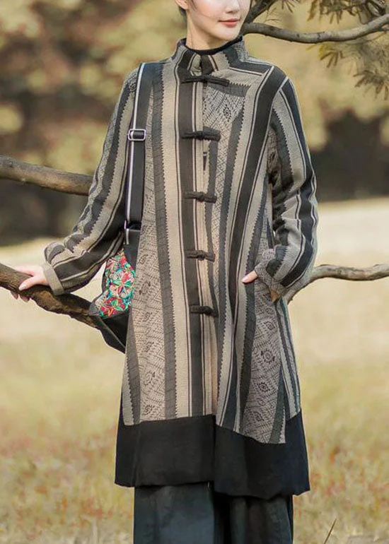 Oversized women's wool coats in a monochromatic look for a trendy outfitVintage Black Striped Patchwork Oriental Button Warm Fleece Long Coats Winter Oversized women's wool coats in a monochromatic look for a trendy outfitVintage Black Striped Patchwork Oriental Button Warm Fleece Long Coats Winter