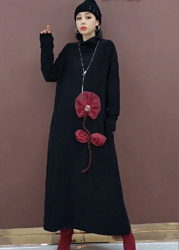 Wrap - Style Women's Lambswool Sweater Dresses in Elegant ShadesVintage Black Turtle Neck Floral Knit Knit Sweater Dress Spring