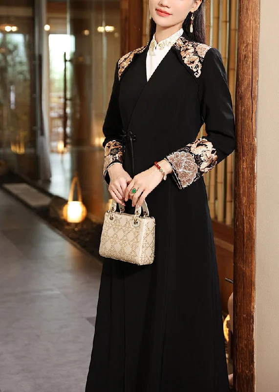 Women's pea coats with brass buttons for a nautical - inspired styleVintage Black V Neck Embroideried Button Long Coats Fall Women's pea coats with brass buttons for a nautical - inspired styleVintage Black V Neck Embroideried Button Long Coats Fall