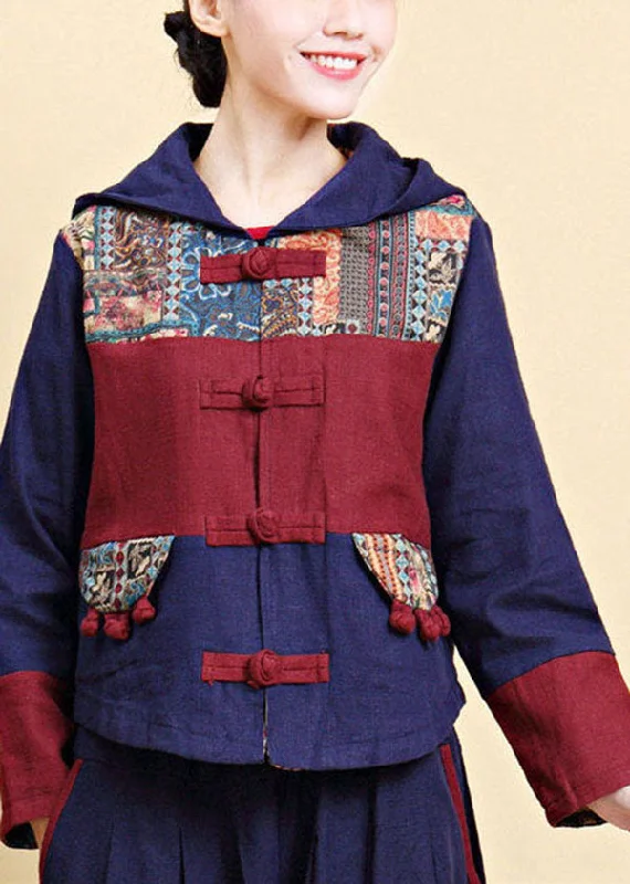 Embroidered women's cotton coats in a bohemian pattern for a unique designVintage Blue Hooded Patchwork Oriental Button Linen Jacket Fall Embroidered women's cotton coats in a bohemian pattern for a unique designVintage Blue Hooded Patchwork Oriental Button Linen Jacket Fall