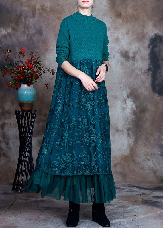 A - Line Women's Merino Wool Sweater Dresses in Classic StylesVintage Blue slim fit Lace Patchwork Knit Fall Wool Dress
