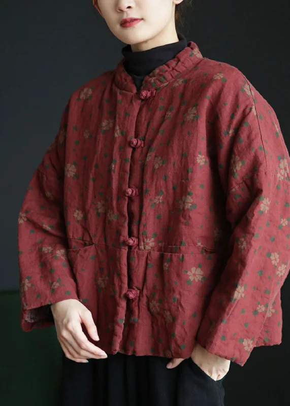 Women's reversible down coats with two - tone designs for versatile stylingVintage Brick Red Stand Collar Print Cotton Filled Jackets Winter Women's reversible down coats with two - tone designs for versatile stylingVintage Brick Red Stand Collar Print Cotton Filled Jackets Winter