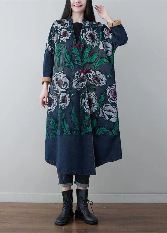 Long women's mac coats in a lightweight fabric for spring showersVintage Denim Blue V Neck Patchwork Print Cotton Coats Spring Long women's mac coats in a lightweight fabric for spring showersVintage Denim Blue V Neck Patchwork Print Cotton Coats Spring