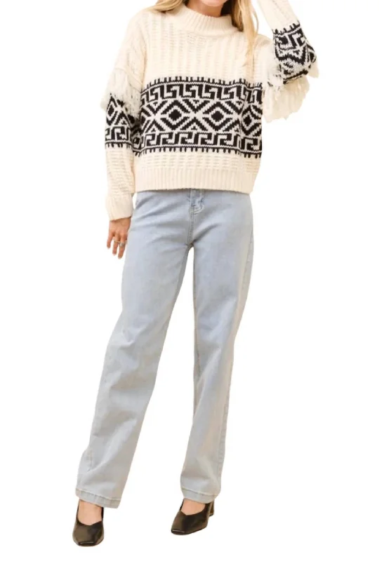 Cropped Women's Angora Blend Sweaters for a Trendy LookWestern Aztec Mock Neck Fringe Sweater In Cream Cropped Women's Angora Blend Sweaters for a Trendy LookWestern Aztec Mock Neck Fringe Sweater In Cream