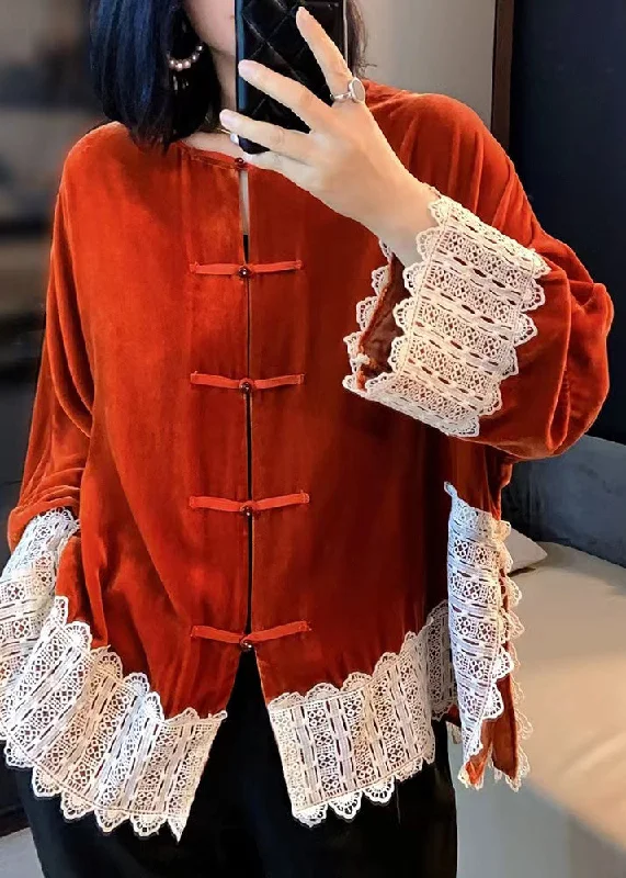 Shearling - lined women's leather coats for ultimate warmth and luxuryOrange O-Neck Floral Lace Patchwork Silk Velour Coats Fall Shearling - lined women's leather coats for ultimate warmth and luxuryOrange O-Neck Floral Lace Patchwork Silk Velour Coats Fall