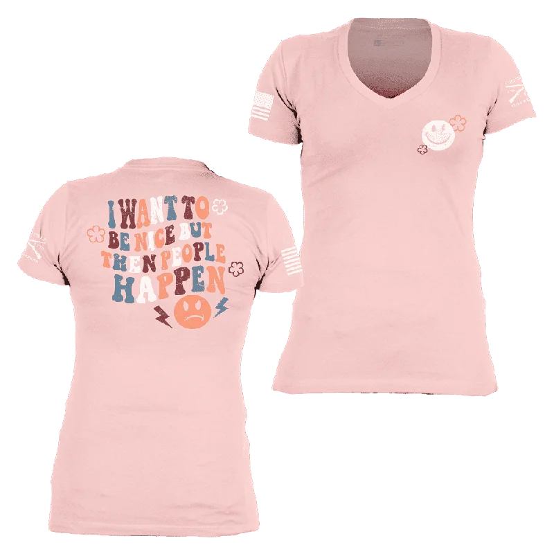 Distressed Women T Shirt with a Laid - Back AestheticWomen's Be Nice V-Neck - Light Pink Distressed Women T Shirt with a Laid - Back AestheticWomen's Be Nice V-Neck - Light Pink