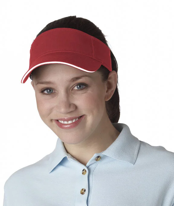 8113 UltraClub Classic Cut Brushed Cotton Twill Sandwich Visor | Red/White