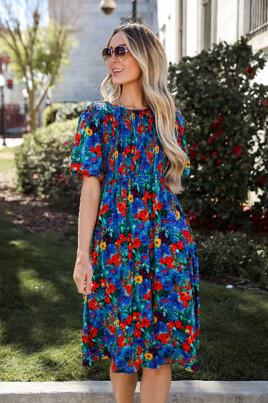 Strapless Women Dress with a Built - in Bra for Comfort and SupportBeautiful Presence Blue Floral Midi Dress