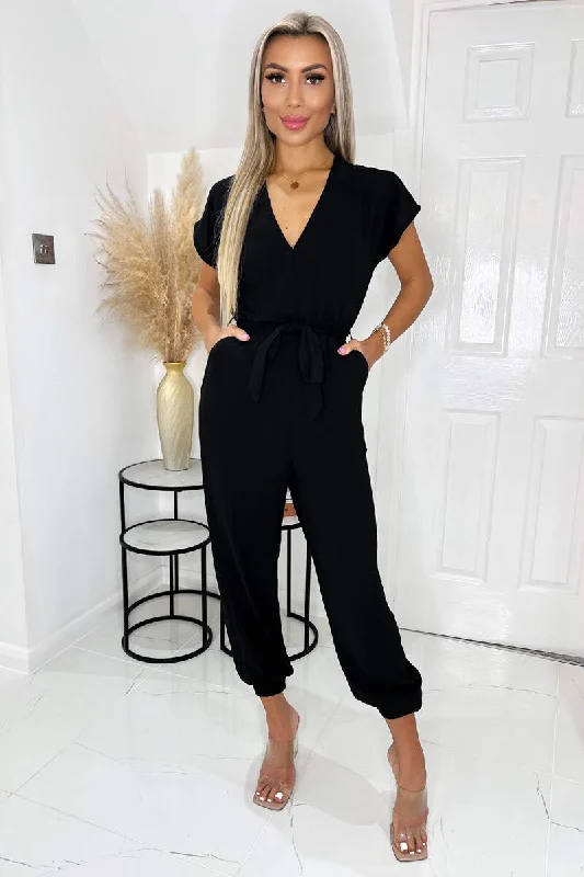 Women jumpsuits with embroidered accents for a personalized and unique touchBlack V Neck Short Sleeve Belted Elasticated Cuff Jumpsuit Women jumpsuits with embroidered accents for a personalized and unique touchBlack V Neck Short Sleeve Belted Elasticated Cuff Jumpsuit