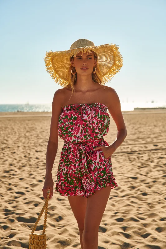 Women jumpsuits with bow - tie details for a sweet and charming appearanceCienega Floral Frilly Strapless Romper Women jumpsuits with bow - tie details for a sweet and charming appearanceCienega Floral Frilly Strapless Romper