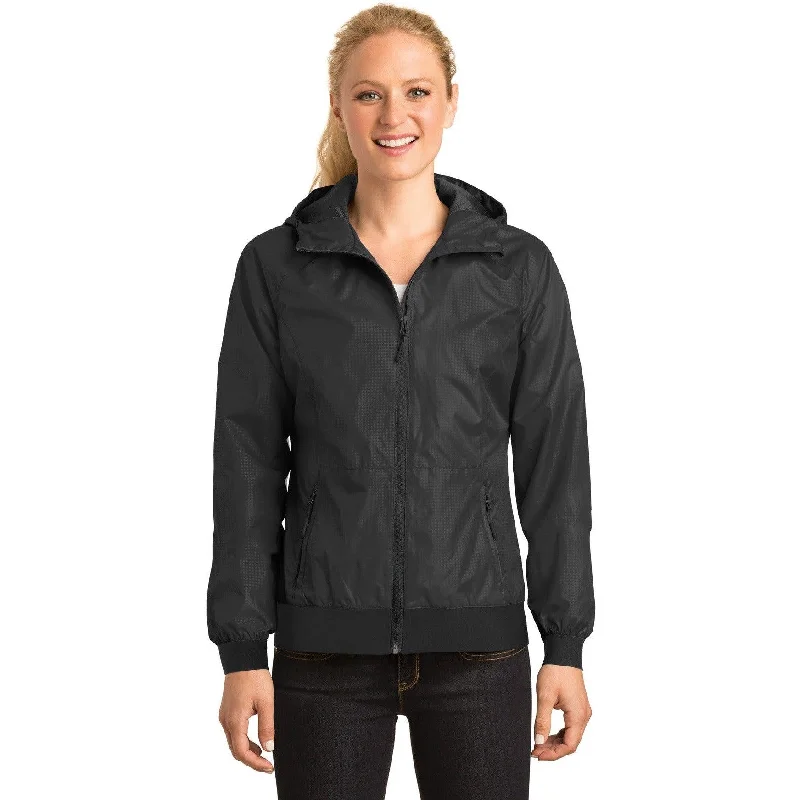 Women's bomber jackets with a holographic finish for a futuristic and eye - catching lookCLOSEOUT - Sport-Tek Ladies Embossed Hooded Wind Jacket Women's bomber jackets with a holographic finish for a futuristic and eye - catching lookCLOSEOUT - Sport-Tek Ladies Embossed Hooded Wind Jacket